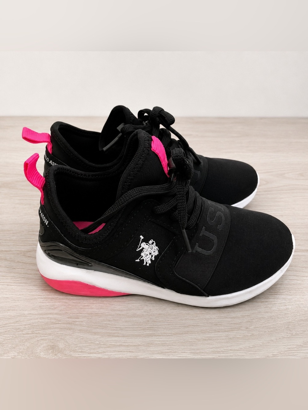 U.S. Polo Assn Kids Sneakers Black Pink Athletic Shoes Girls Size 13 Lace Up